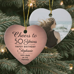 1 Foto ANY Birthday Brushed Rosa ros Guld Heart Julgransprydnad Keramik