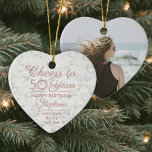 1 Foto ANY Birthday Rosa White Faux Marble Heart Julgransprydnad Keramik<br><div class="desc">Cheers och Grattis på födelsedagen! Fira en glatt milstolpe för henne med en anpassningsbar hjärtformade faux marble ceramic ornament. Alla formuleringar i den här mallen (inklusive "Cheers to 50 Years") har skapats för en 50-årsdag, men är enkla att anpassa för varje år eller händelsetyp. Rosa och vit design har en...</div>