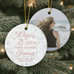 1 Foto ANY Birthday Rosa White Faux Marble Round Julgransprydnad Keramik