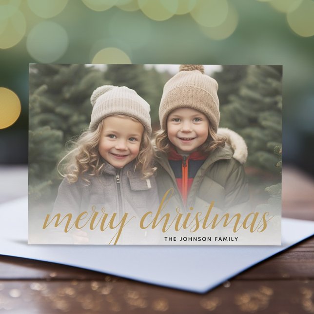 1 Foto Glad Jul Script Guld Damask Julkort (Add 1 photo to this festive Christmas Photo Card with 1 large photo and a modern script type.)