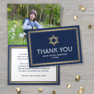 1 Foto Hebrew Namn Pub Mitzvah Navy White & Guld Tack Kort
