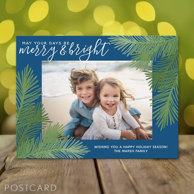 1 Foto Merry Bright Calligraphy Modern jul Helg Vykort (Holiday Photo Postcard)