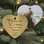 1 Foto på födelsedagen, borstad faux Guld Heart Julgransprydnad Keramik<br><div class="desc">Skål till 50 år (eller något annat antal år)! Fira en glatt födelsedag för henne med en anpassningsbar hjärtformade svart bild och guld keramisk prydnad. Bild och text (inklusive år) i den här mallen är enkla att anpassa. Utformningen har en faux guld borstad metallbakgrund, snyggt vintage art deco stil-typografi, elegant-skriptcalligrafi...</div>
