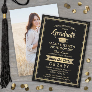 1 Foto Studenten Elegant Modern Black och Guld Spara Datumet