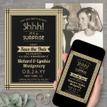 1 fotoårsdag Surprise Party Black and Guld Spara Datumet<br><div class="desc">Kan du behålla en hemlighet? Inbjudan familj och vänner till en elegant och en spännande överraskning på årsdagen party med anpassningsbar fotosvart och guld sparar datuminbjudan. Bild och alla formuleringar i den här mallen är enkla att anpassa, inklusive ett meddelande med texten "Shhh! "Det är en SURPRISE." Utformningen har en...</div>