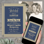 1 Fotoårsdag Surprise Party marinblå Guld Spara Datumet<br><div class="desc">Kan du behålla en hemlighet? Inbjudan familj och vänner till en elegant och en spännande överraskningsdag party med anpassningsbar fotomarin blå och guld sparar datuminbjudan. Bild och alla formuleringar i den här mallen är enkla att anpassa, inklusive ett meddelande med texten "Shhh! "Det är en SURPRISE." Utformningen har en modern...</div>