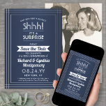 1 fotoårsdag Surprise Party Navy Blue White Spara Datumet<br><div class="desc">Kan du behålla en hemlighet? Inbjudan familj och vänner till en elegant och en spännande jubileum party med anpassningsbar fotomarin blått och vitt sparar datuminbjudningarna. Bild och alla formuleringar i den här mallen är enkla att anpassa, inklusive ett meddelande med texten "Shhh! "Det är en SURPRISE." Utformningen har en modern...</div>
