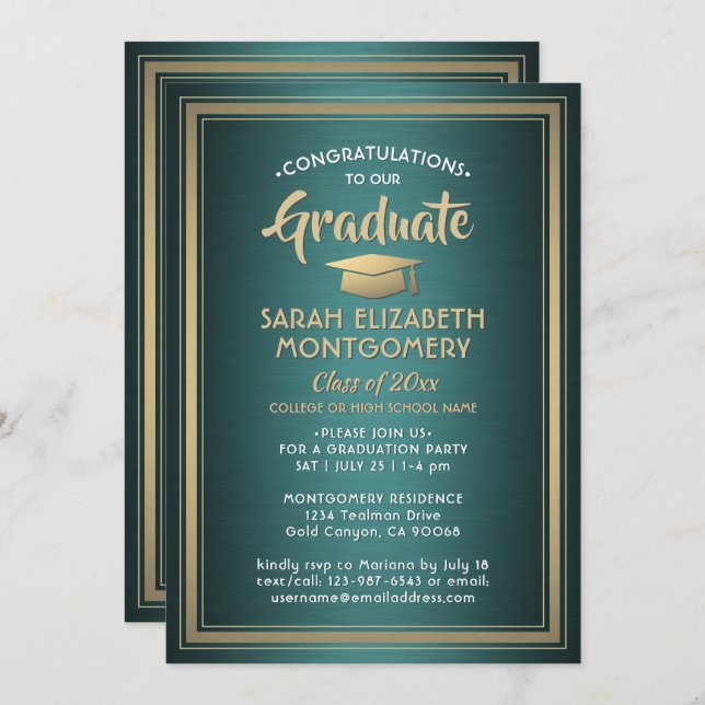 1 FotoElegant Grönt Guld och vita Studenten Inbjudningar (Fram/baksida)