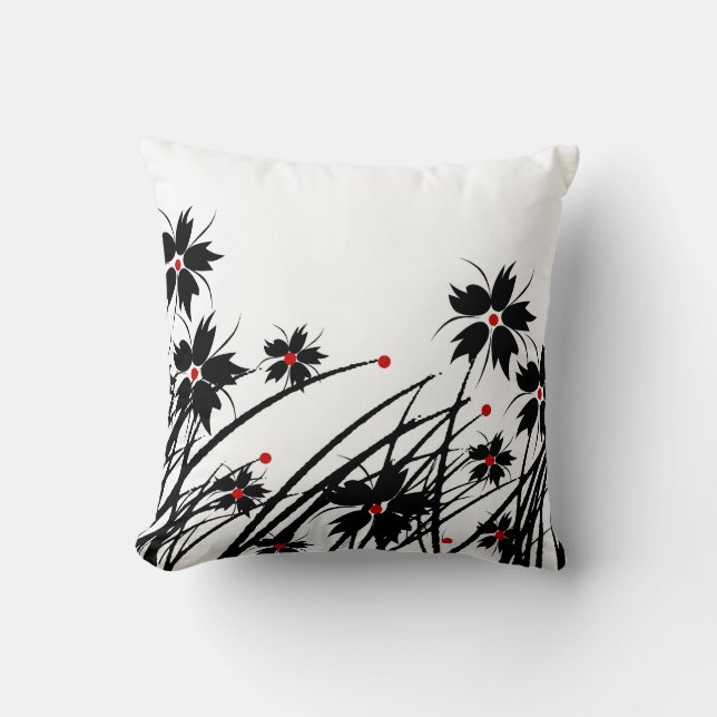 1 Fyrkantig Kudd Floral Röd Svart Vit Kudde (Framsida)