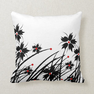 1 Fyrkantig Kudd Floral Röd Svart Vit Kudde