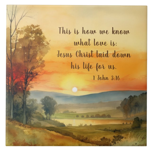 1 John 3:16 Jesus lade ner sitt liv för oss Bible Kakelplatta (Framsidan)