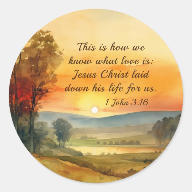1 John 3:16 Jesus lade ner sitt liv för oss Bible Runt Klistermärke (Framsida)