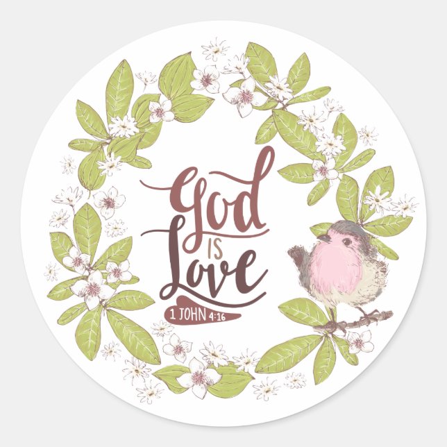 1 John 4:16 Gud är Kärlek Blommigt Wand Cute Bird Runt Klistermärke (Framsida)