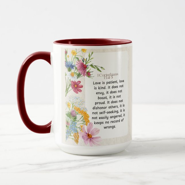 1 Korintierbrevet 13:4-5 Lugn vattenfärgsdesign Mugg (Vänster)