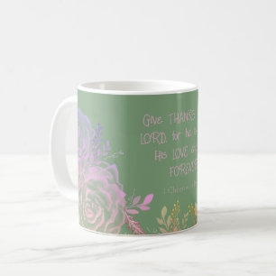 1 Kronikler 16:34 Skript för Grönt och Rosa Blommi Kaffemugg