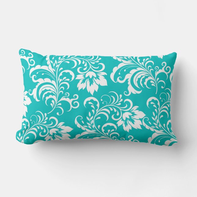 1 kudde tealblå vit damask blommig (Framsida)