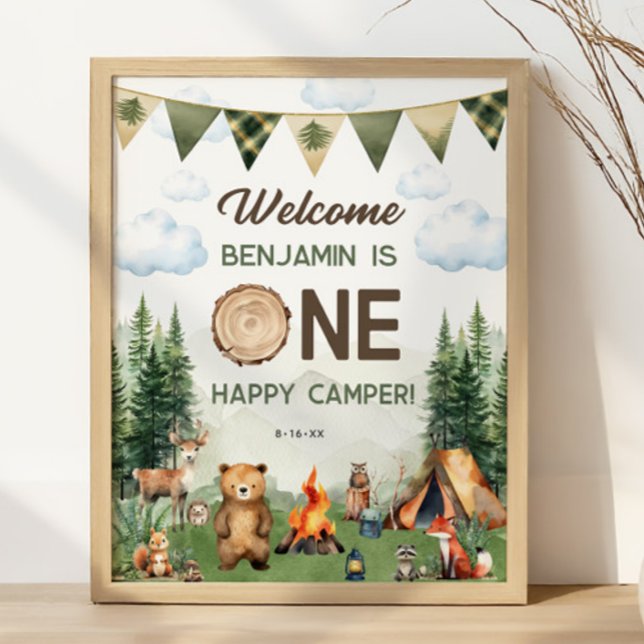 1 Lycklig Camper 16 x 20 Välkommen 1 Poster (One Happy Camper First Birthday 16x20 Welcome Poster
)