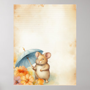 1 Mus med blå paraplyblommor i orange rosa Poster