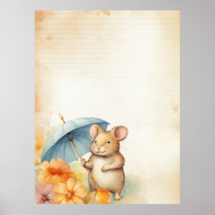 1 Mus med blå paraplyblommor i orange rosa Poster