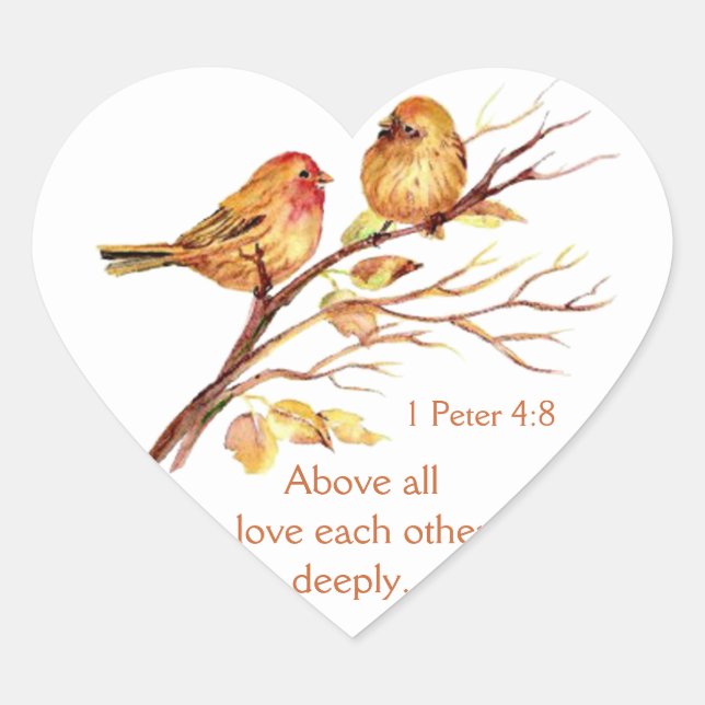 1 Peter 4:8 Kärlek vardera djupgående skriptfåglar Hjärtformat Klistermärke (Framsida)