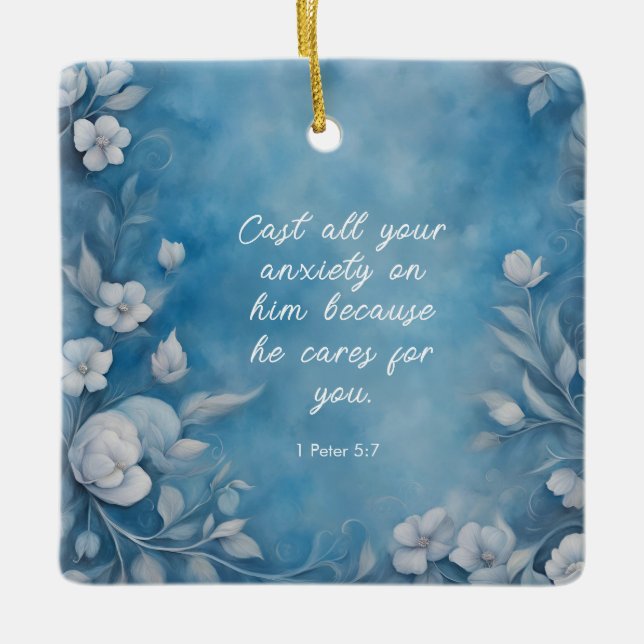 1 Peter 5:7 “Cast All Your Anxiety” Blue Floral Julgransprydnad Keramik (Framsida)