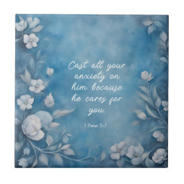 1 Peter 5:7 “Cast All Your Anxiety” Blue Floral Kakelplatta