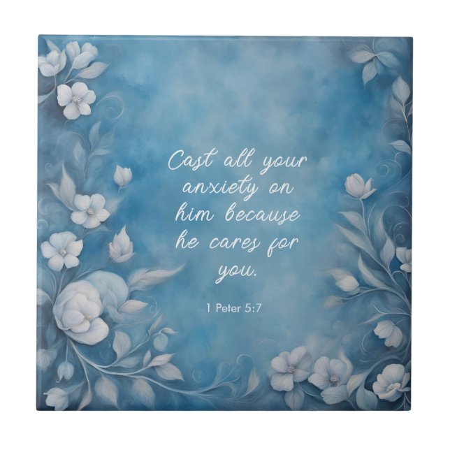 1 Peter 5:7 “Cast All Your Anxiety” Blue Floral Kakelplatta (Framsidan)