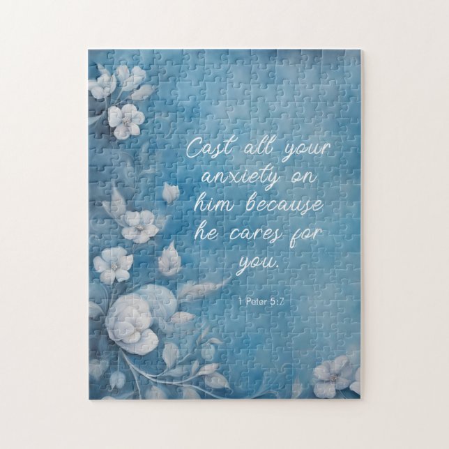 1 Peter 5:7 “Cast All Your Anxiety” Blue Floral Pussel (Vertikal)