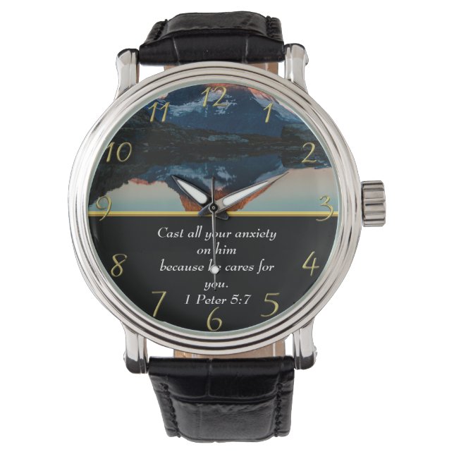 1 Peter 5:7 Christian Faith moutain sjö Armbandsur (Framsida)