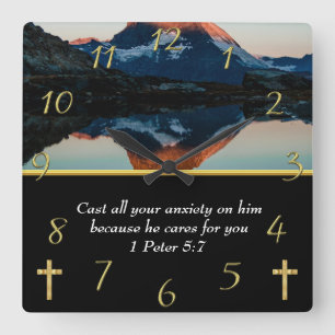 1 Peter 5:7 Christian Faith moutain sjö Fyrkantig Klocka