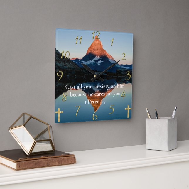 1 Peter 5:7 Christian Faith moutain sjö Fyrkantig Klocka (Kontor)