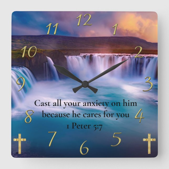 1 Peter 5:7 Guld Christian Faith Prayer Fyrkantig Klocka (Framsida)