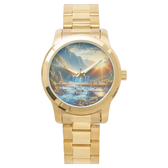 1 Peter 5:7 Guld Kristet Tro Bön Armbandsur (Framsida)