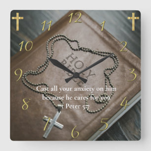 1 Peter 5:7 Heliga Bibel med kor Fyrkantig Klocka