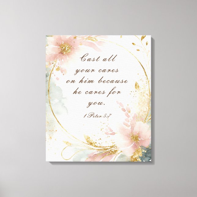 1 Peter 5:7 Kasta alla dina bilar på Bible Verse Canvastryck (Framsida)