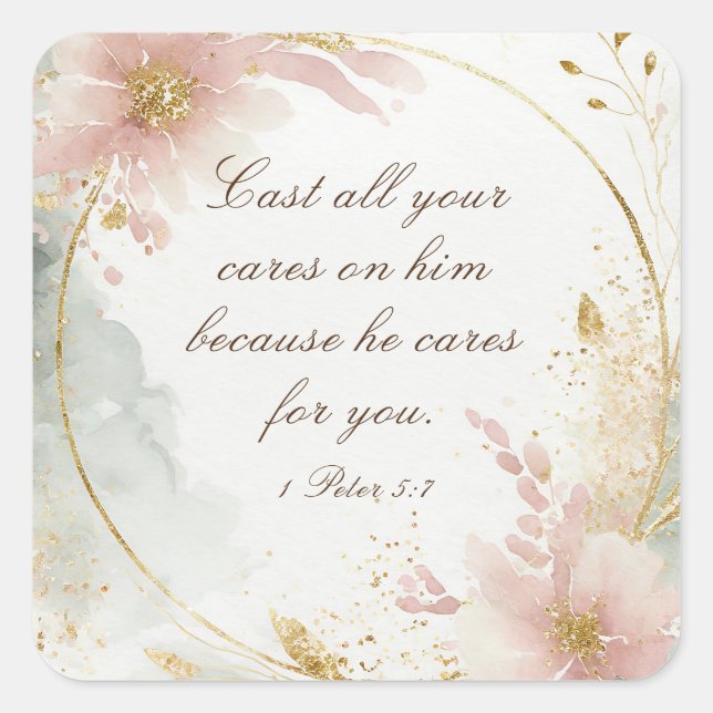 1 Peter 5:7 Kasta alla dina bilar på Bible Verse Fyrkantigt Klistermärke (Framsida)