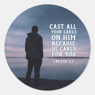 1 Peter 5:7 Kastar allt du bryr dig om honom Bible Runt Klistermärke
