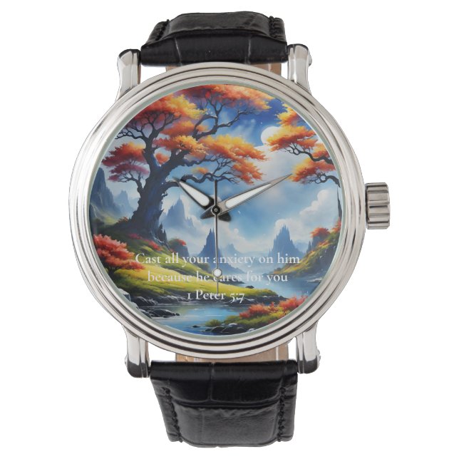 1 Peter 5:7 kors på ett berg  Armbandsur (Framsida)