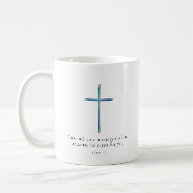 1 Peter 5:7 Minimalistiskt Kors Kaffemugg (Vänster)