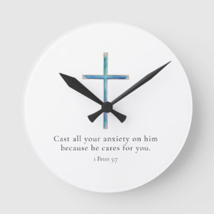 1 Peter 5:7 Minimalistiskt Kors Rund Klocka