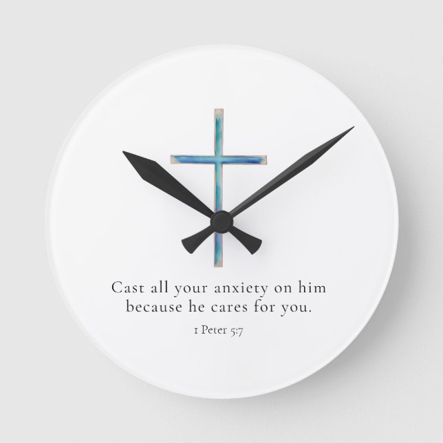 1 Peter 5:7 Minimalistiskt Kors Rund Klocka (Framsida)