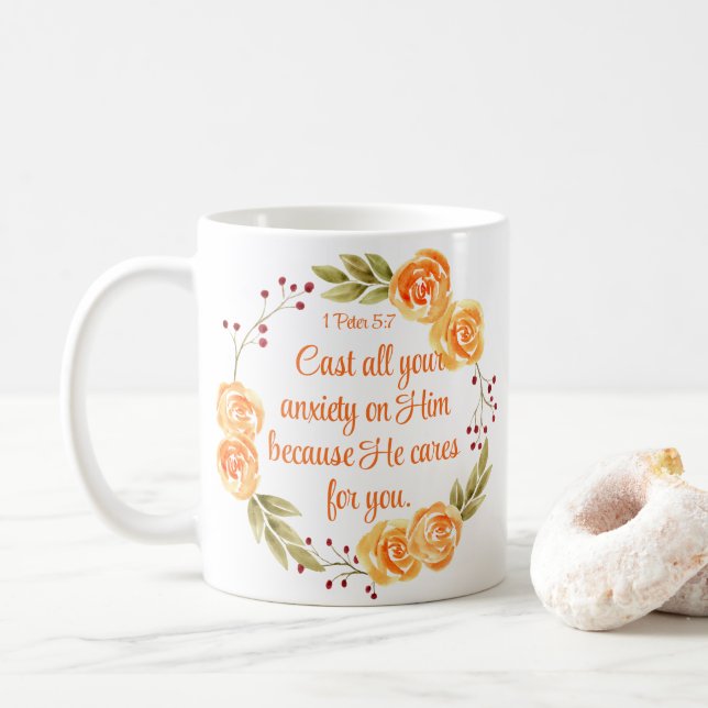 1 Peter 5:7 Orange Blommigt Bible Scripture Kaffemugg (Med munk)