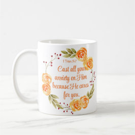 1 Peter 5:7 Orange Blommigt Bible Scripture Kaffemugg