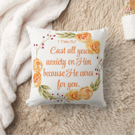 1 Peter 5:7 Orange Blommigt Bible Scripture Kudde