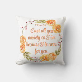 1 Peter 5:7 Orange Blommigt Bible Scripture Kudde
