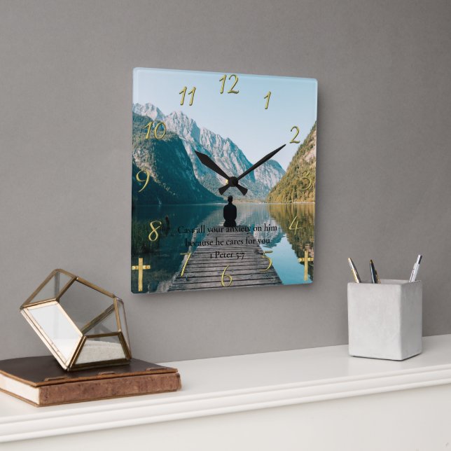 1 Peter 5:7 sitta på dockan Fyrkantig Klocka (Kontor)