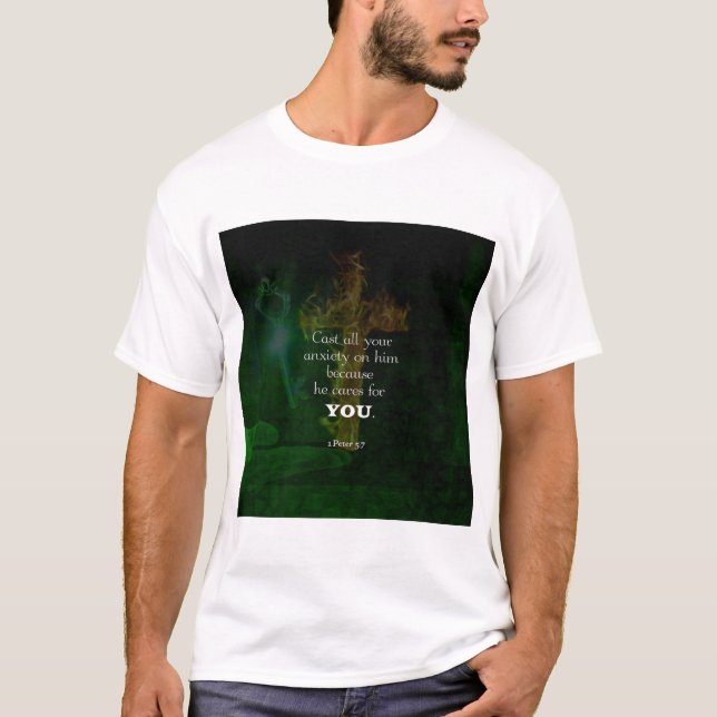 1 Peter 5:7 Uppmjukande bibelversot T Shirt (Framsida)