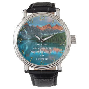 1 Peter 5:7 vacker mousserande sjö-vy Armbandsur