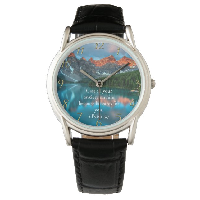 1 Peter 5:7 vacker mousserande sjö-vy Armbandsur (Framsida)