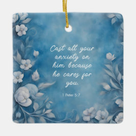 1 Petrus 5:7 ”Kasta All Din Oro” Blå Blommig Julgransprydnad Keramik